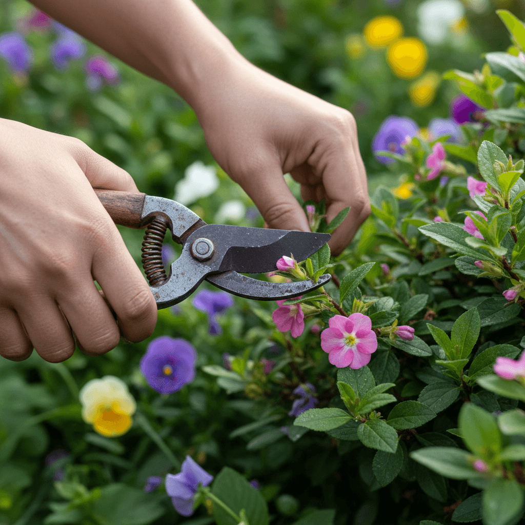 Plant care service showing professional pruning and maintenance of garden shrubs