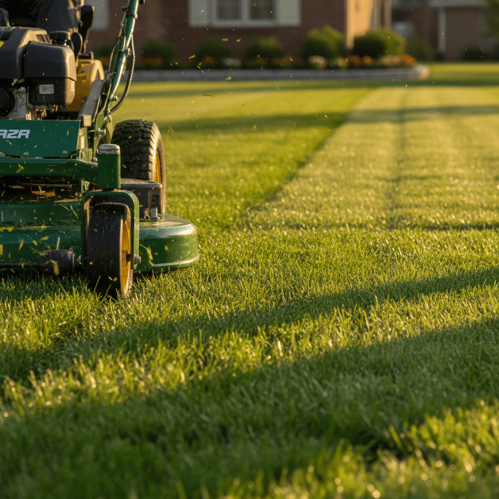 Professional grass cutting service showing freshly mowed lawn with clean cutting lines