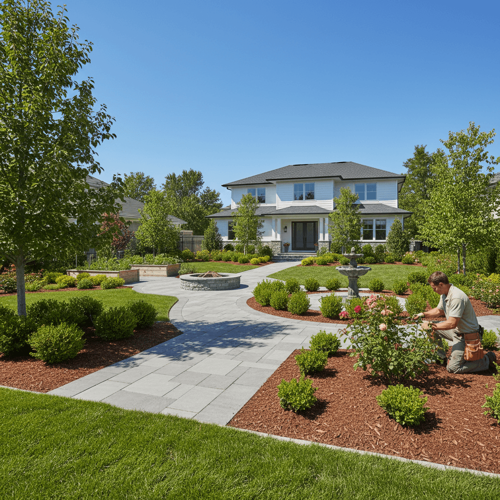 Complete landscape maintenance showing well-kept lawn, gardens, mulch, and hardscaping
