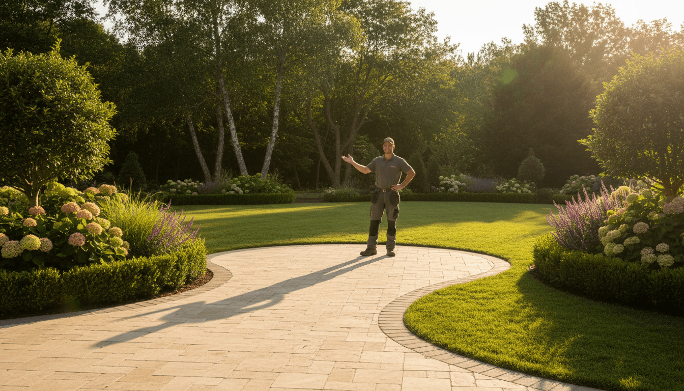 Professional landscaper inspecting newly installed hardscape pavers in a well-maintained residential lawn