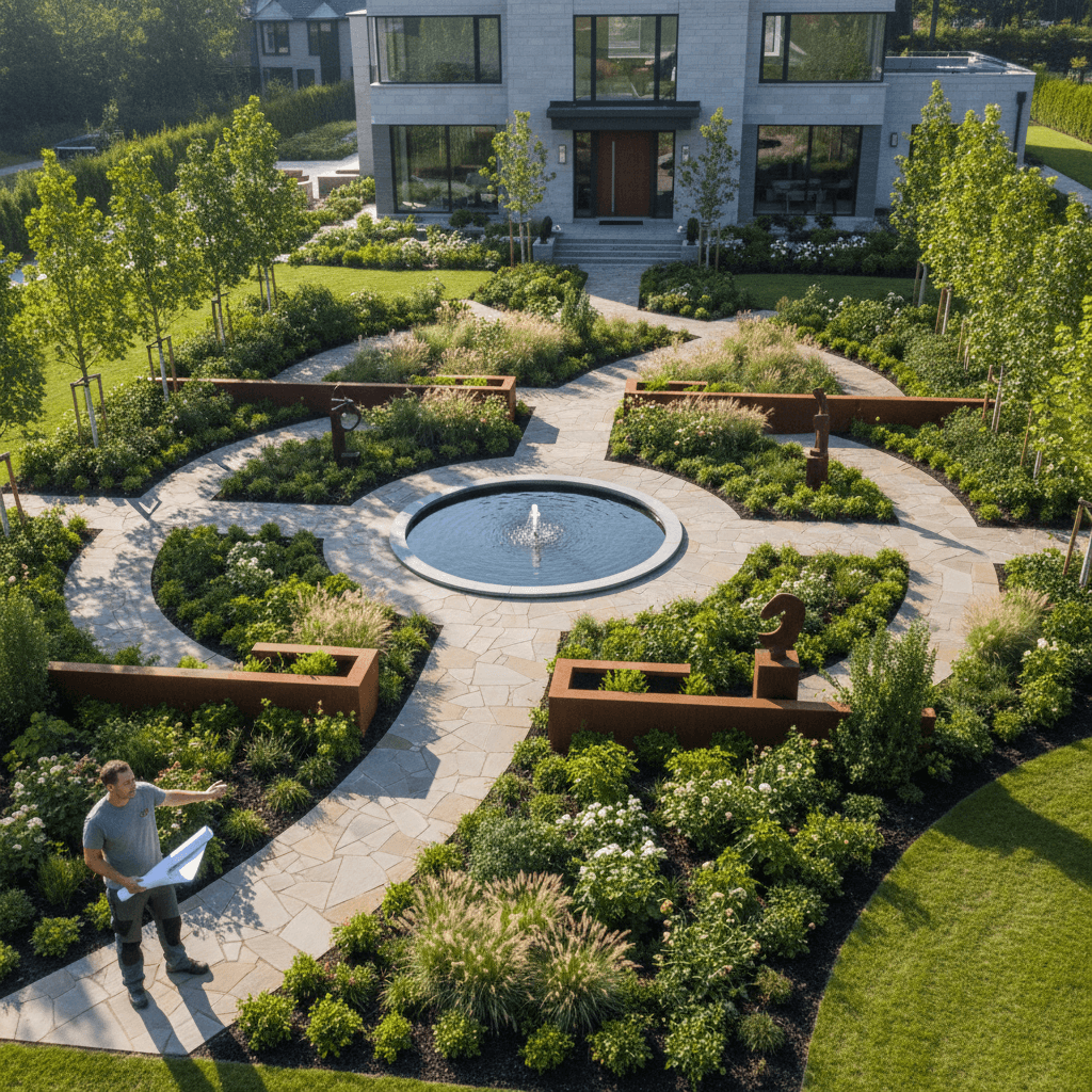 Landscape design showing complete yard layout with plants, pathways, and outdoor living areas